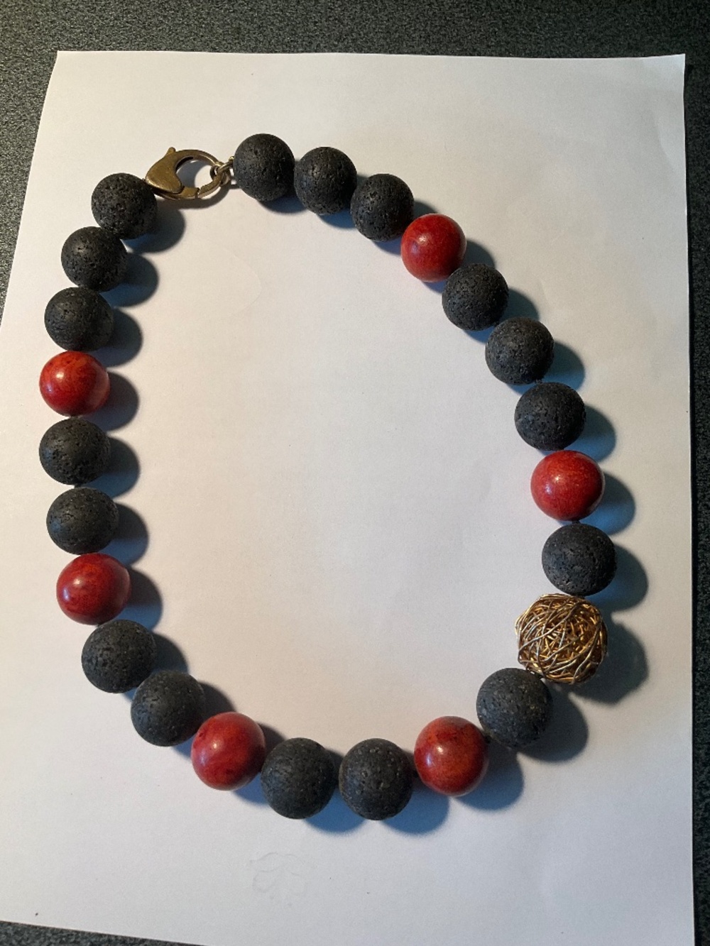 BLack Lava Large Bead Necklace w/ Coral & Gold Ball, Strong Clasp